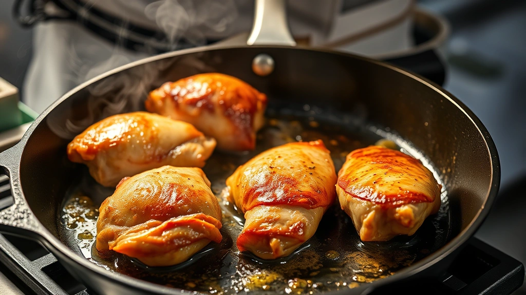 process: chef searing chicken thighs in cast iron skillet with visible golden crust forming, oil glistening, steam rising, professional kitchen lighting, action shot showing technique, photorealistic