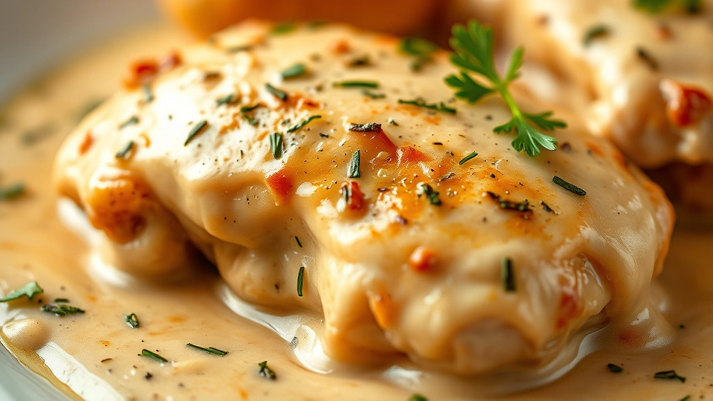 detail: close-up of creamy sauce coating chicken thigh with fresh thyme leaves and parsley garnish, shallow depth of field, rich sauce texture visible, warm soft focus background, photorealistic