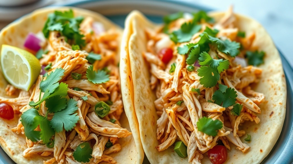 hero: delicious chicken tacos loaded with seasoned shredded chicken, fresh cilantro, lime wedges, and toppings on warm tortillas, photorealistic, natural daylight, vibrant colors, no text