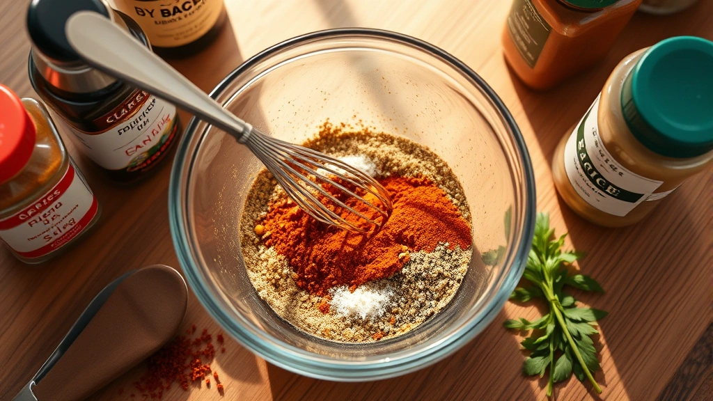process: small glass bowl with colorful spice blend being whisked together with a fork, individual spice containers nearby, photorealistic, warm natural light, no text