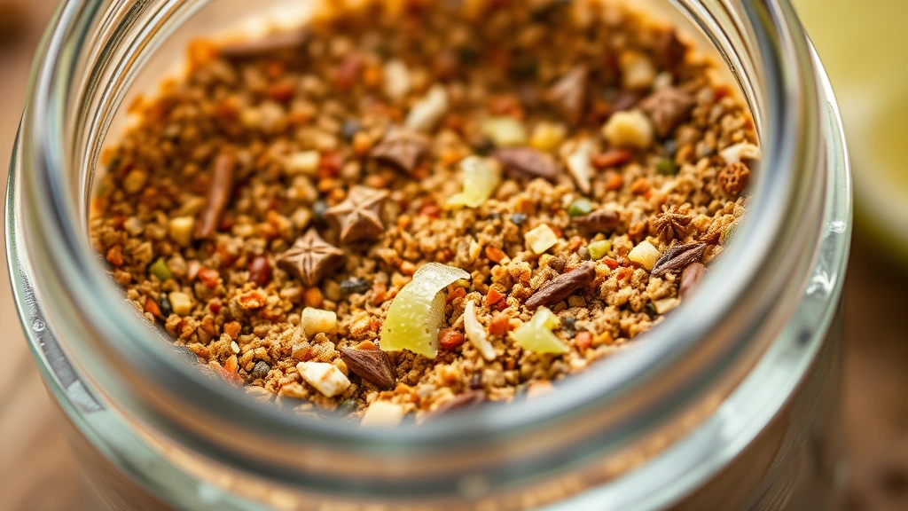 detail: close-up of finished seasoning blend showing individual spice particles and lime zest, in a small glass container, photorealistic, natural light, no text