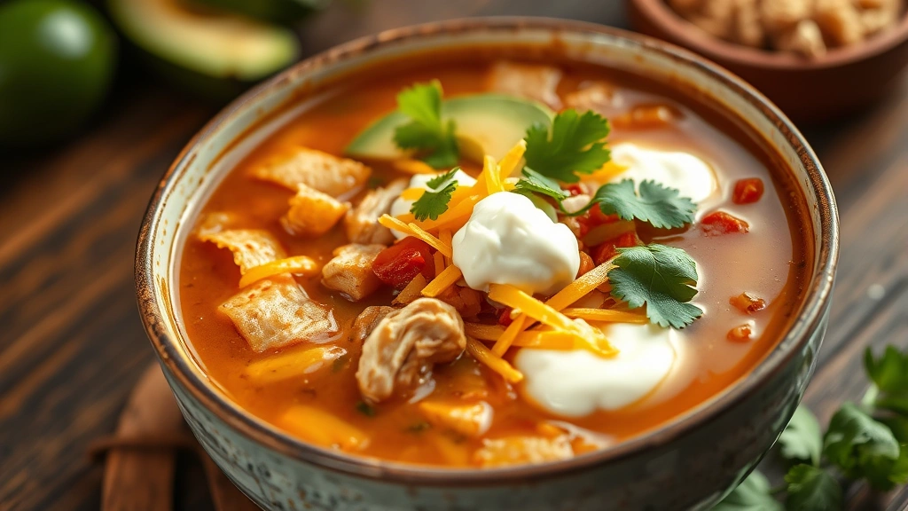 hero: steaming bowl of chicken taco soup with colorful toppings including avocado, tortilla strips, cilantro, sour cream and cheese, photorealistic, natural warm lighting, no text