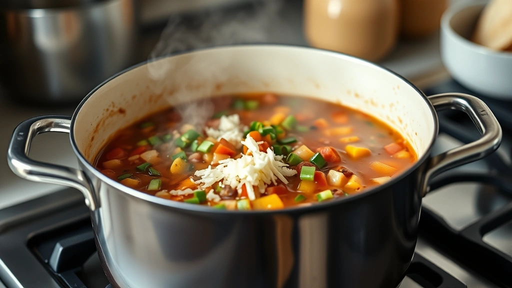 process: cooking taco soup in a large pot on stovetop with visible ingredients being stirred together, photorealistic, natural kitchen lighting, no text