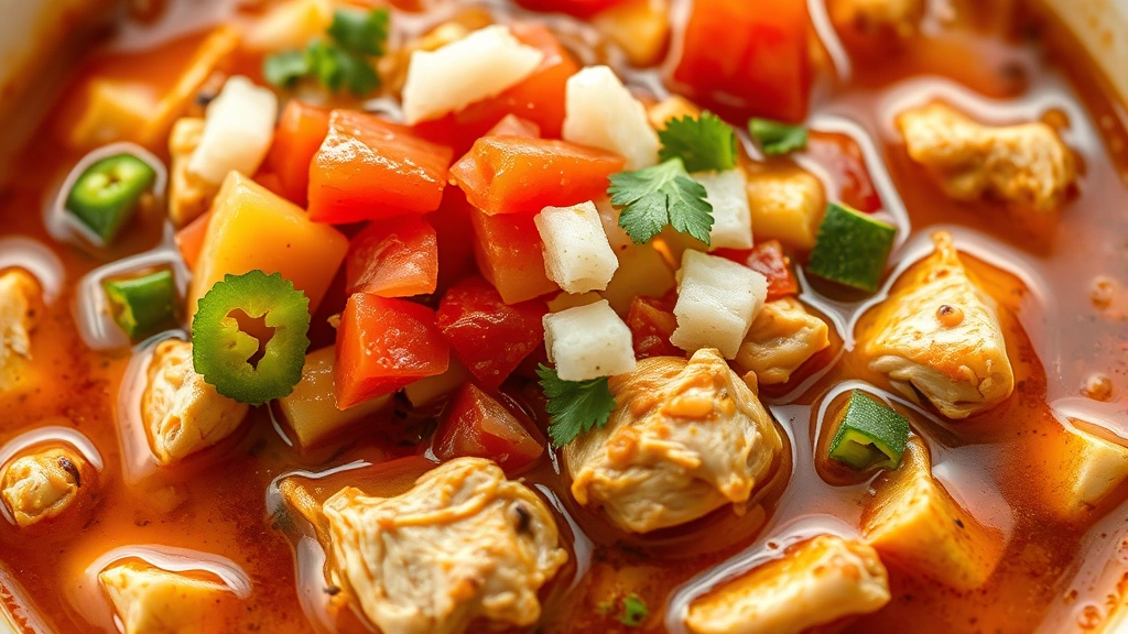 detail: close-up of garnished chicken taco soup showing layers of toppings and broth with visible chicken pieces, photorealistic, natural warm lighting, no text
