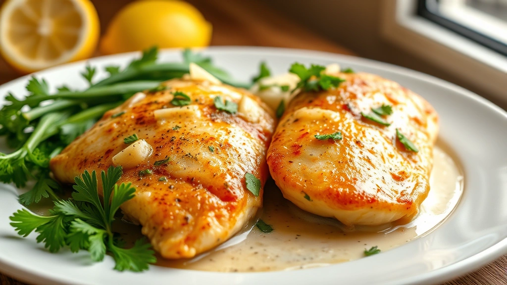 hero: perfectly golden-brown chicken tenderloins in creamy lemon garlic sauce, garnished with fresh parsley and Parmesan cheese, plated elegantly on white dish, warm natural light from window, shallow depth of field, photorealistic, professional food photography, no text