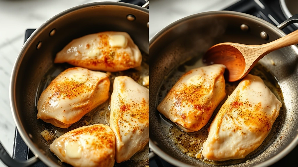 process: chicken tenderloins sizzling in hot skillet with butter and garlic, golden crust forming, steam rising, wooden spoon stirring, natural kitchen lighting, photorealistic, no text