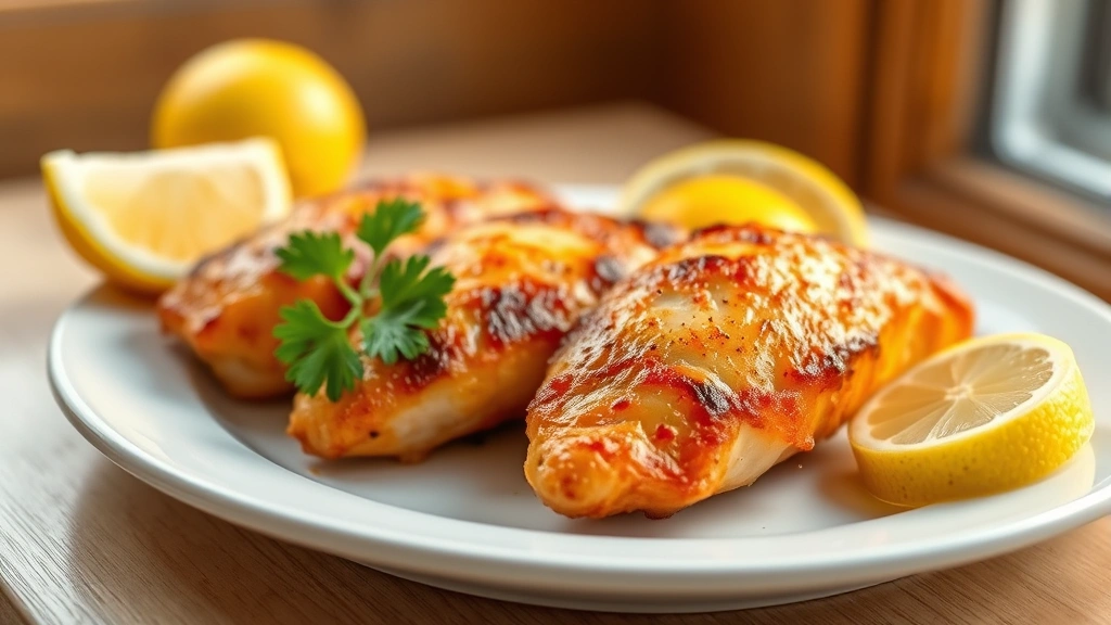 hero: golden brown oven-baked chicken tenderloins on white plate with fresh lemon wedges and parsley garnish, warm natural window light, shallow depth of field