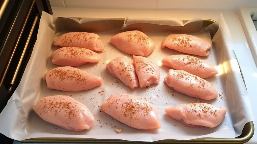 process: seasoned raw chicken tenderloins arranged on parchment-lined baking sheet before going into oven, natural kitchen lighting, clean workspace