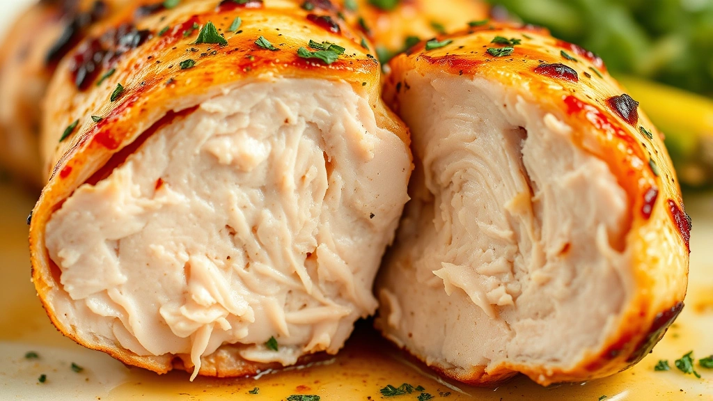 detail: close-up of perfectly cooked chicken tenderloin cross-section showing juicy interior and golden brown exterior, fresh herbs sprinkled on top, macro photography style