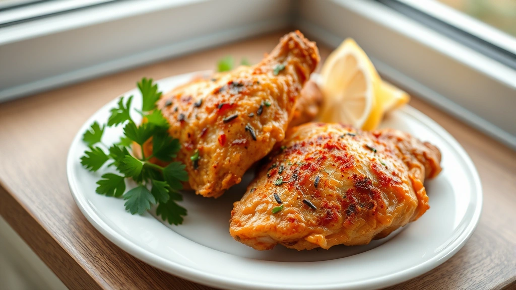 hero: golden-brown crispy air fryer chicken thighs with skin on a white ceramic plate, garnished with fresh parsley and lemon wedges, natural window light, shallow depth of field, food photography style