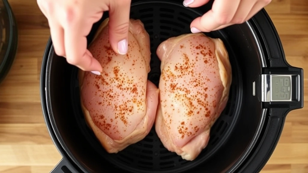 process: hands placing raw seasoned chicken thighs skin-side up into an air fryer basket, natural kitchen lighting, overhead angle, showing the preparation step