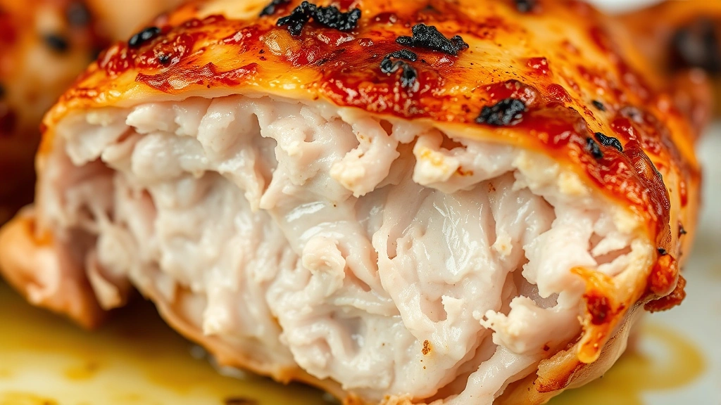 detail: close-up of a single perfectly cooked chicken thigh with crispy golden brown skin, showing the texture and juiciness inside, natural light, macro photography, no background
