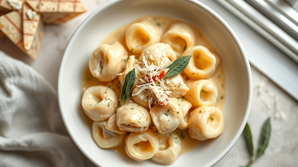 hero: overhead view of creamy chicken tortellini in white bowl with sage garnish and grated cheese, photorealistic, natural window light, no text