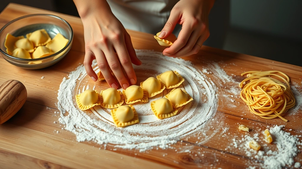 process: hands shaping tortellini on floured wooden surface with pasta sheet and filling nearby, photorealistic, warm kitchen light, no text