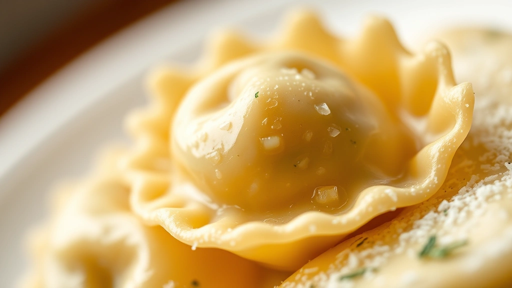 detail: close-up macro of single tortellini showing delicate pasta edges and creamy filling, photorealistic, natural light, no text