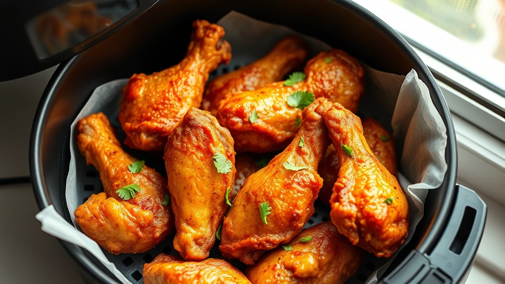 hero: golden crispy chicken wings in air fryer basket, photorealistic, natural window light, overhead view, no text, garnished with fresh herbs
