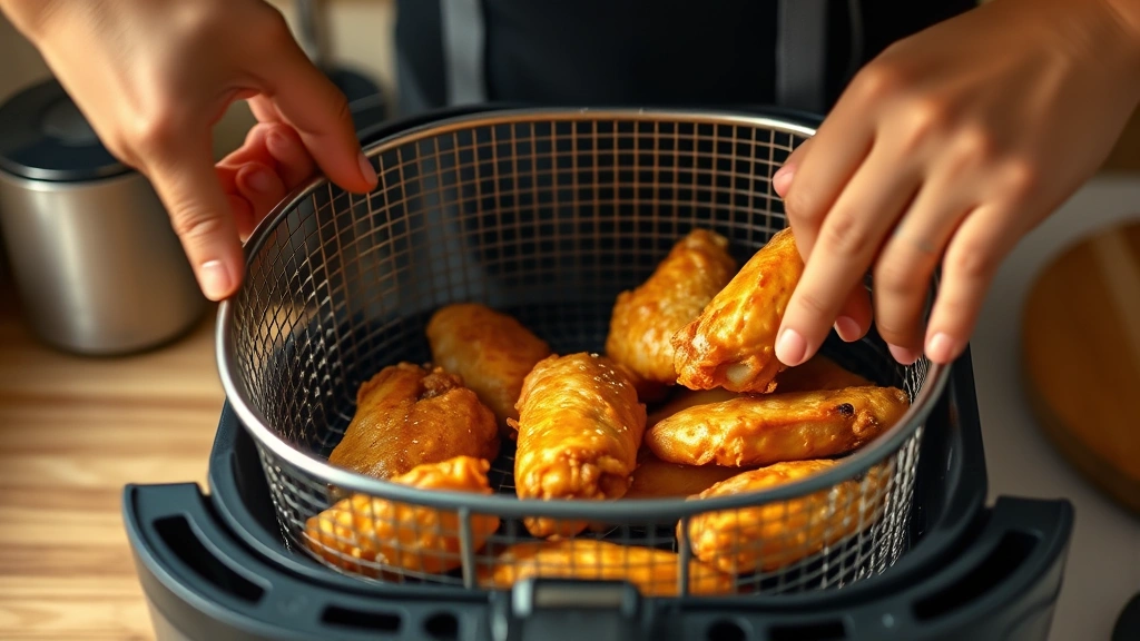 process: hands shaking air fryer basket with golden wings inside mid-cook, photorealistic, natural kitchen light, action shot, no text