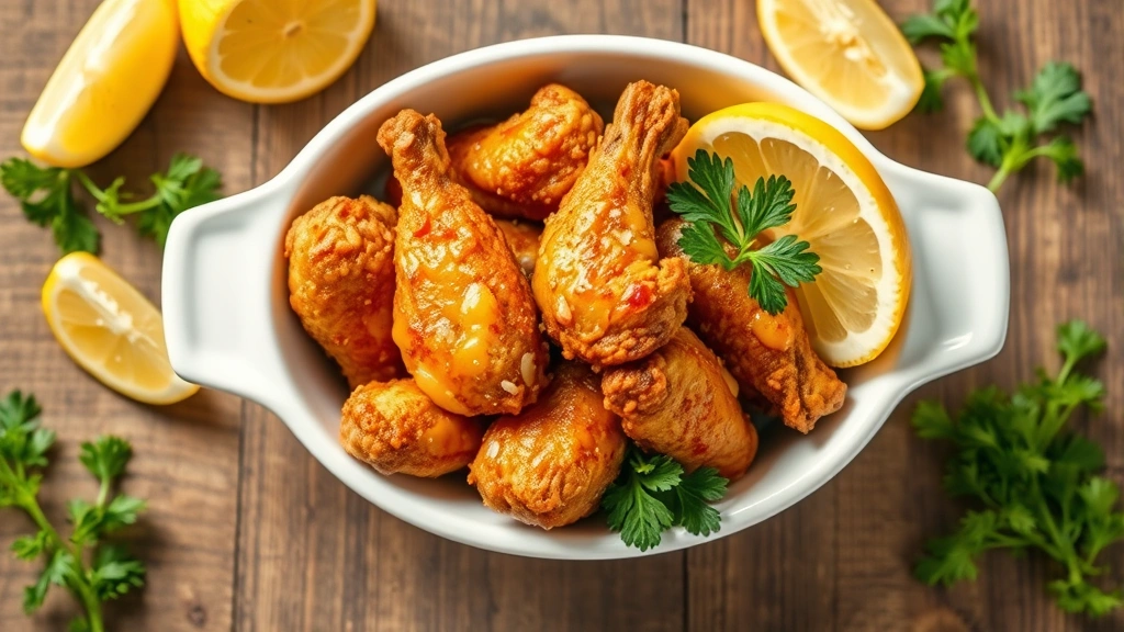 hero: golden crispy chicken wings in white serving dish, fresh parsley garnish, lemon wedges, photorealistic, natural daylight, overhead shot, no text