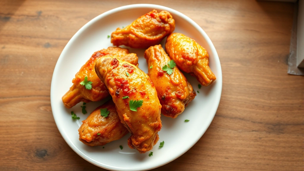 hero: golden crispy chicken wings on white plate with fresh herbs garnish, natural window light, overhead shot, no text, appetizing presentation