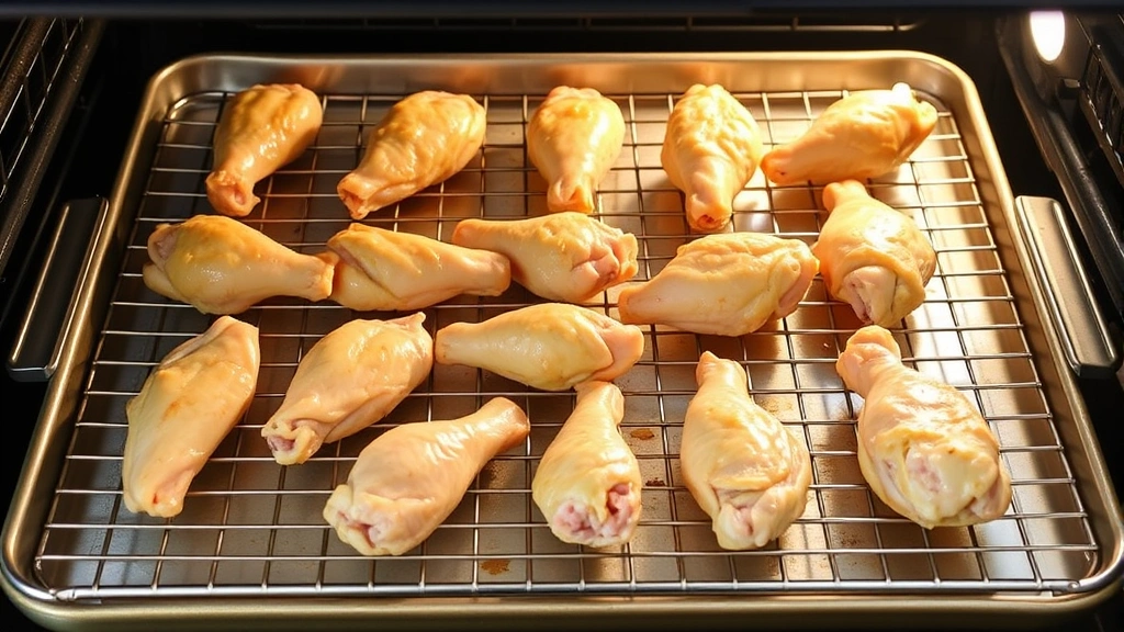 process: chicken wings arranged on wire rack over baking sheet in oven, golden brown color visible, natural light, no text, mid-cooking stage