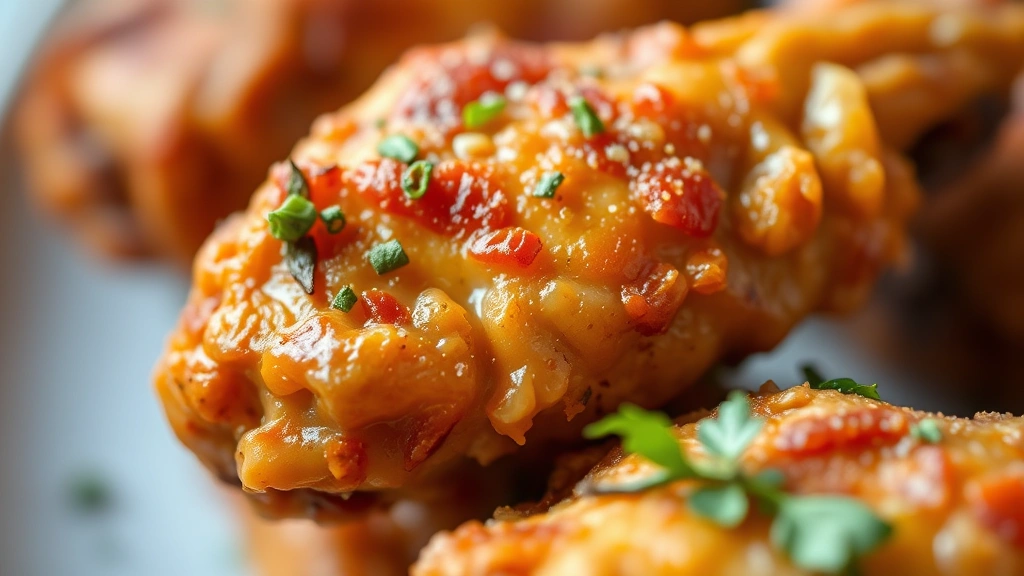 detail: close-up of single crispy chicken wing showing textured golden skin and herb garnish, shallow depth of field, natural light, no text, macro shot