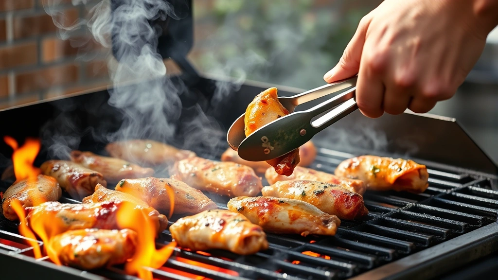 process: hands using tongs to flip chicken wings on hot grill with visible flames and smoke, action shot, natural outdoor lighting, dynamic and engaging
