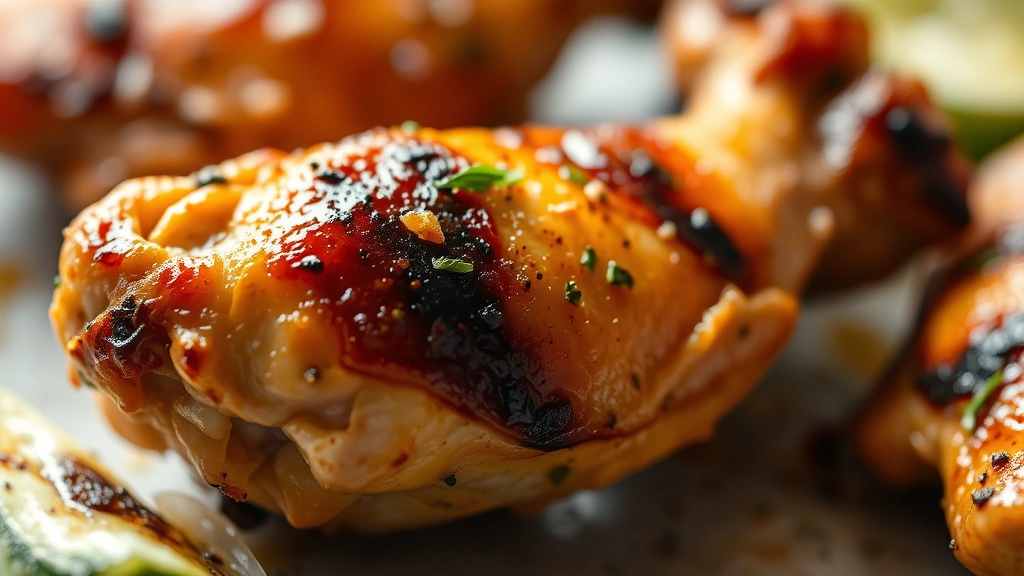 detail: close-up macro shot of single grilled chicken wing showing crispy charred skin with herb seasoning, natural light highlighting texture, food photography style