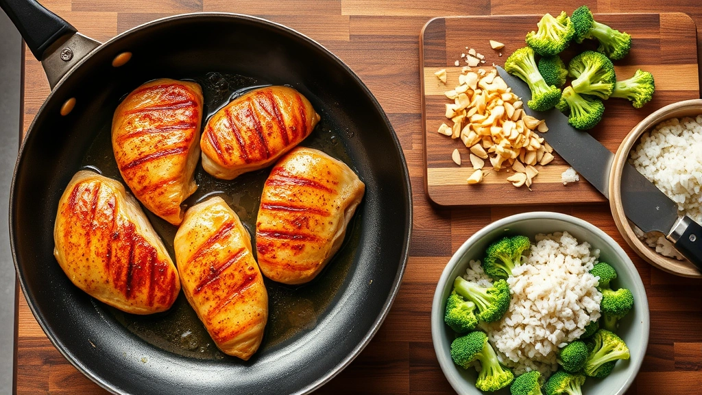 process: skillet with seared golden chicken breasts being seared in pan with visible oil and steam, garlic and ginger being minced on wooden cutting board nearby, broccoli florets and rice in prep bowls, overhead angle showing all ingredients ready, warm kitchen lighting, photorealistic, no text