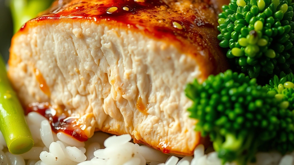 detail: close-up macro shot of perfectly seared chicken breast cross-section showing moist interior and golden crust, silky sauce coating with visible sesame oil sheen, bright green broccoli floret with water droplets, white rice grains visible underneath, shallow depth of field, photorealistic, no text