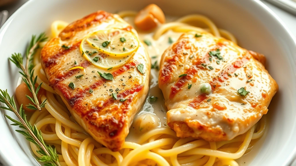 hero: golden seared chicken breasts in creamy sauce with fresh herbs and lemon zest, served over buttered pasta in a white bowl, photorealistic, natural soft window light, no text