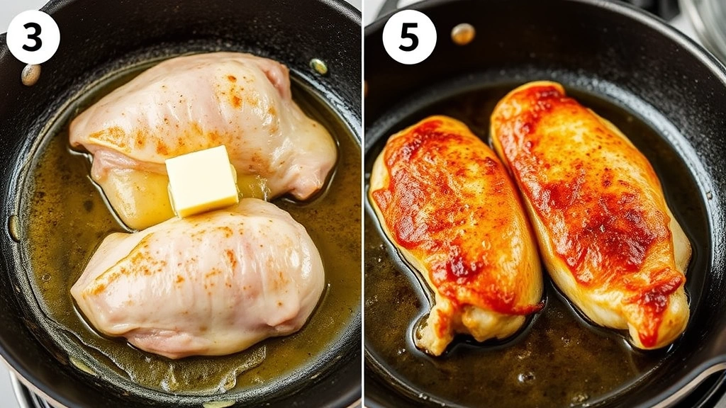 process: chicken being seared in skillet with butter and oil, golden crust forming, photorealistic, natural kitchen light, no text