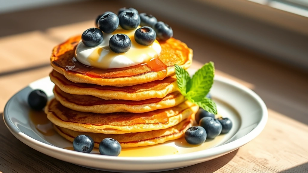 hero: Stack of golden-brown chickpea flour pancakes on a white plate, topped with fresh blueberries, Greek yogurt, and honey drizzle, natural morning sunlight streaming across the plate, fresh mint leaf garnish, no text or watermarks, photorealistic, shallow depth of field