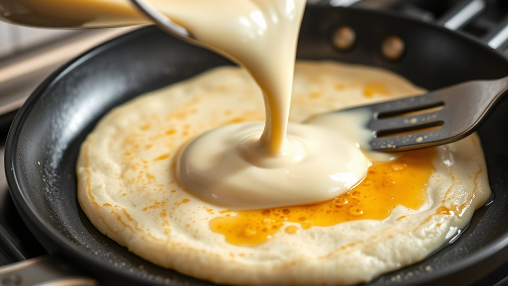 process: Close-up of pancake batter being poured onto a hot buttered skillet, golden bubbles forming on the surface, spatula nearby, steam rising, natural kitchen lighting, photorealistic, no text or watermarks