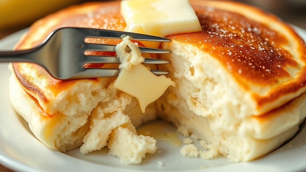 detail: Extreme close-up of a fluffy pancake cross-section showing the light, airy interior texture, with a fork breaking into it, topped with a pat of melting butter, photorealistic, natural lighting, no text