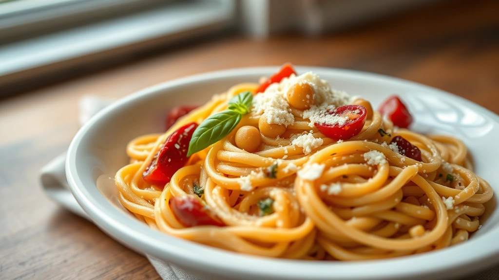 hero: creamy chickpea pasta with sun-dried tomatoes, fresh basil garnish, and Parmesan cheese in white bowl, photorealistic, natural soft window light, no text, shallow depth of field