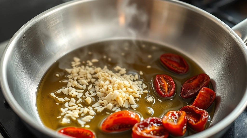 process: minced garlic blooming in olive oil in stainless steel skillet, sun-dried tomatoes visible, steam rising, photorealistic, natural light, no text