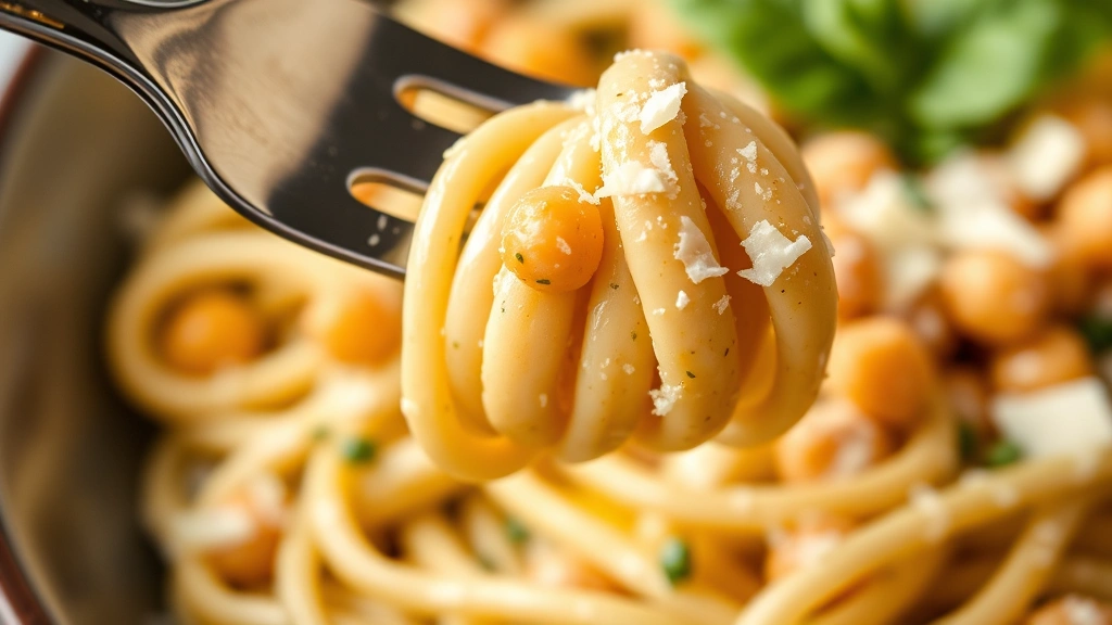detail: close-up of fork twirling chickpea pasta coated in creamy sauce with basil leaf and Parmesan shaving, photorealistic, natural light, no text, macro photography
