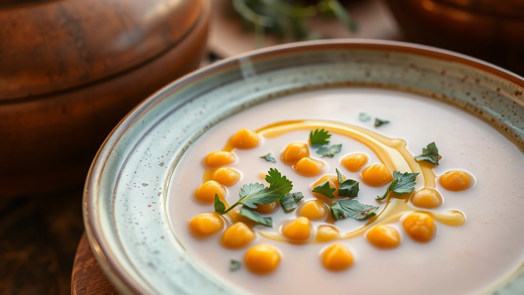 hero: steaming bowl of golden chickpea soup with fresh herbs and olive oil drizzle, rustic ceramic bowl, warm natural lighting, Mediterranean style plating, no text