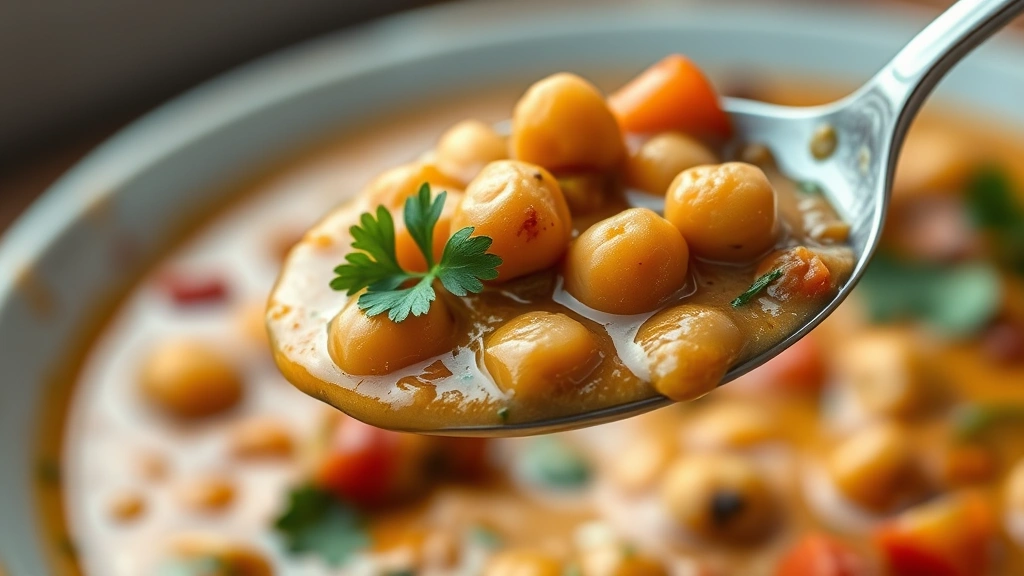 detail: close-up spoonful of creamy chickpea soup with visible chickpeas and vegetables, shallow depth of field, warm natural light, garnished with parsley, no text