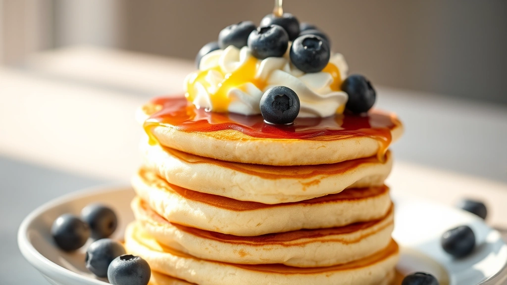 hero: stack of fluffy golden pancakes topped with fresh blueberries, whipped cream, and maple syrup drizzle, warm natural morning light streaming in, close-up on the side showing texture, no text