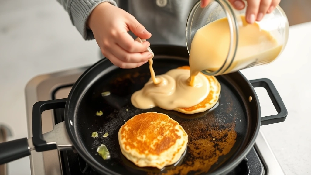 process: child's hands pouring pancake batter onto a hot buttered griddle with visible sizzle, golden color forming underneath, natural kitchen lighting, no text