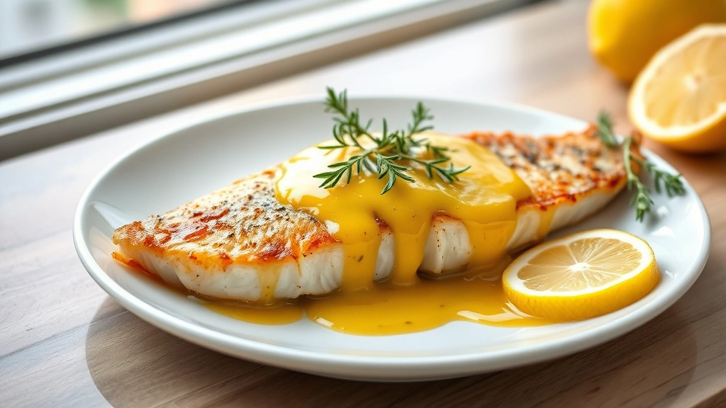 hero: Pan-seared Chilean sea bass fillet with crispy golden skin, topped with silky lemon butter sauce, garnished with fresh thyme and lemon slices on a white plate, photorealistic, natural window light, no text