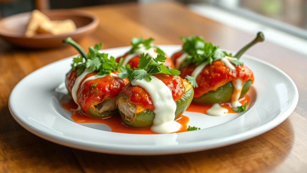 hero: plated chiles rellenos with red tomato sauce, fresh cilantro garnish, and crema drizzle, white plate, wooden table background, natural window light, photorealistic, no text