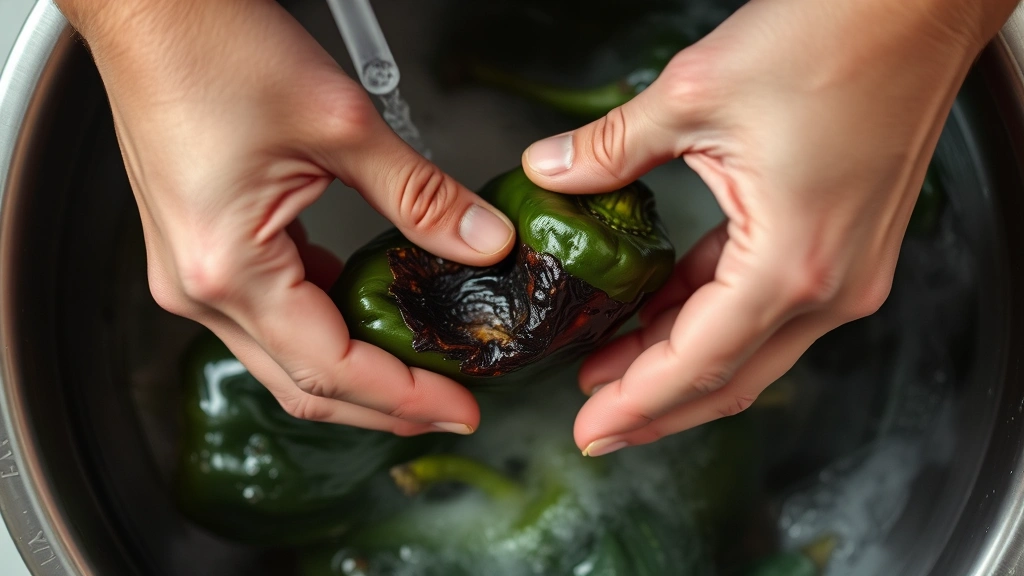 process: hands carefully peeling charred skin off roasted poblano pepper under running water, steam visible, close overhead shot, photorealistic, natural light, no text