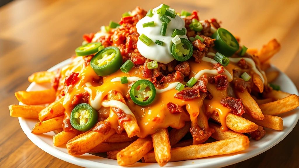 hero: golden crispy chili cheese fries piled high on a white plate, melted cheddar cheese and chili sauce coating every fry, topped with fresh jalapeños, sour cream drizzle, green onions and bacon bits, photorealistic, natural daylight streaming from left side, no text, appetizing food photography