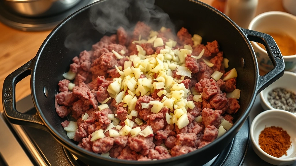 process: ground beef browning in a cast iron skillet with diced onions and garlic, steam rising, warm kitchen lighting, spices visible in small bowls nearby, photorealistic, natural light, no text