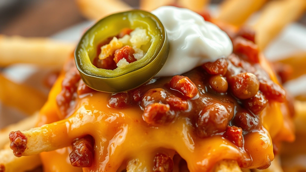 detail: extreme close-up of a single fry loaded with melted cheese, chili, jalapeño slice and sour cream dollop, photorealistic, natural soft light highlighting the textures, no text, food styling