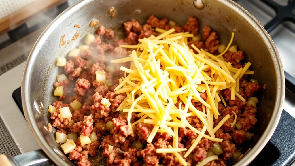 process: ground beef browning in skillet with onions and garlic, steam rising, cheese being melted and stirred in, vibrant colors, natural kitchen lighting, mid-cooking stage