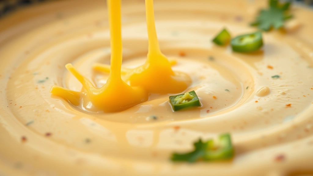 detail: close-up of smooth creamy queso dip with melted cheese strings, diced jalapeños visible, fresh cilantro garnish, shallow depth of field, warm natural light highlighting texture