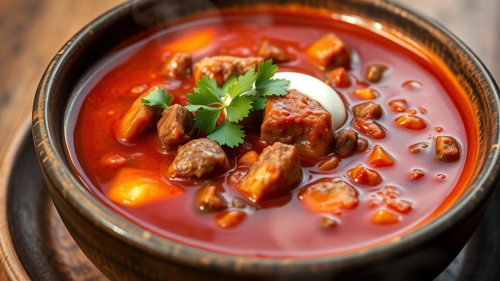 hero: steaming bowl of rich red chili with tender beef chunks, garnished with cilantro and sour cream dollop, rustic ceramic bowl, photorealistic, warm natural lighting, no text